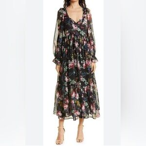 BY TIMO Black floral‎ sheer balloon sleeve wrap dress size M